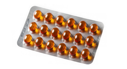 Amber softgel capsules in a silver blister pack, health support