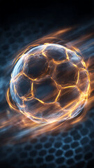 Abstract, glowing soccer ball with energy radiating from the core, set against a dark, textured background