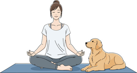 Woman in white shirt meditating cross-legged on a blue mat while a golden dog lies calmly beside her in a simple, outlined style, suitable for wellness and lifestyle content.