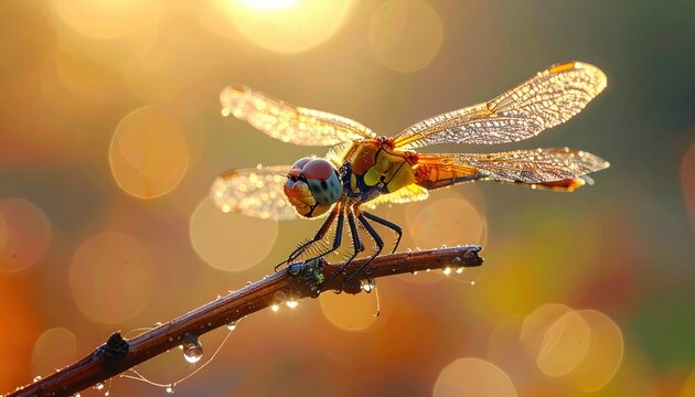 Vibrant multi colored dragonfly perched on a dewy branch illuminated by glowing morning sunlight