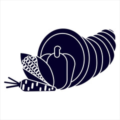 Silhouette of cornucopia filled with vegetables and fruits, classic Thanksgiving symbol. Ideal for seasonal cards, labels, and festive designs.