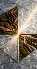 Abstract geometric composition featuring a section of the Great Wall of China within triangular facets, contrasted with textured silver material.