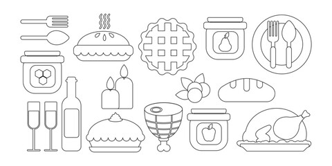 Black line art illustration of Thanksgiving holiday dinner. Roasted turkey, wine, pies, fruit jam and honey. Perfect for holiday cards, posters and invitations.