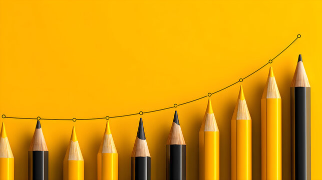 Yellow and black pencils arranged in a line with a graph line illustrating growth concept