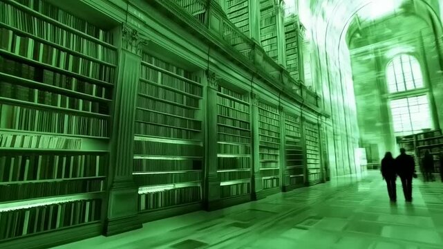 Illuminated corridors of erudition: a ghostly journey through knowledge in a grand and ancient library setting