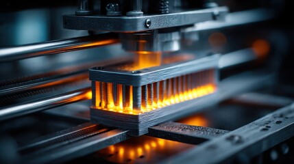 Cutting-edge 3D printing process creates intricate designs with glowing effects in a modern workshop