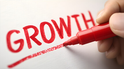 Hand holding red marker writing the word growth on a white surface with vibrant colors and clear focus