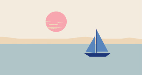 Blue sailboat floats peacefully on a tranquil light blue ocean with a soft pink sun setting behind a sandy shore in this serene, minimalist vector illustration ideal for travel and leisure marketing.