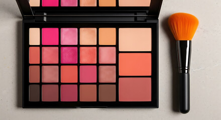 Cosmetic palette with various colors and a makeup brush on the side