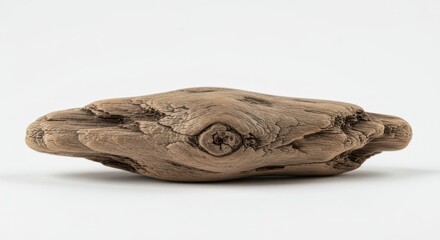 Weathered piece of smooth, naturally shaped wood rests horizontally against a bright white background.