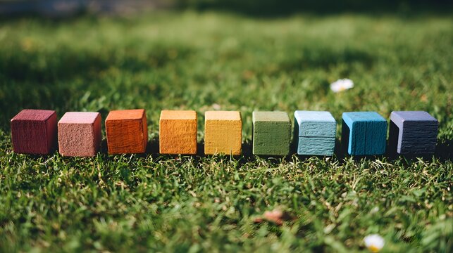 Row of colorful wooden blocks rests upon vibrant green lawn under natural daylight