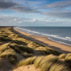 Coastal Dunes and Sandy Beach Landscape Under a Cloudy Sky.