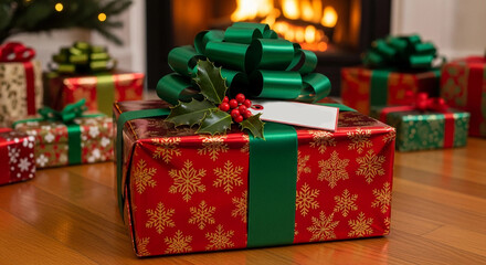 A beautifully wrapped Christmas gift with a green ribbon and holly decoration sits in front of a cozy fireplace. Other gifts are scattered around the room.