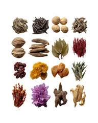 Dried herbal apothecary PNG die-cut, isolated botanical flowers, spices, and roots on transparent background, natural herbs PNG for wellness product design, organic aromatherapy branding or spa visual