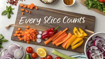 Top down shot of vegetables chopped on a wooden cutting board