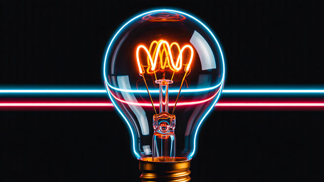 Glowing filament light bulb with neon blue and red lines symbolizing creativity and innovation