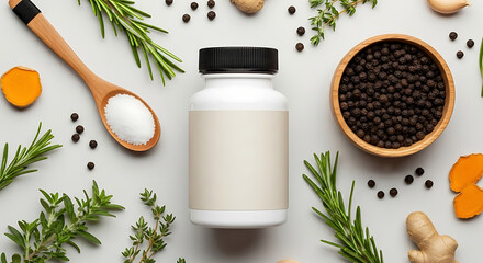Supplement bottle surrounded by herbs and spices on a flat surface