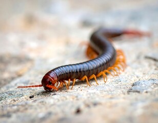 Close-up view of a centipede crawling on a textured stone surface, showcasing its segmented body