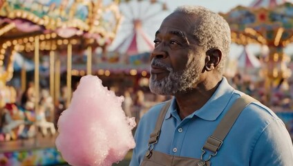 national cotton candy day happy senior man enjoys pink at carnival