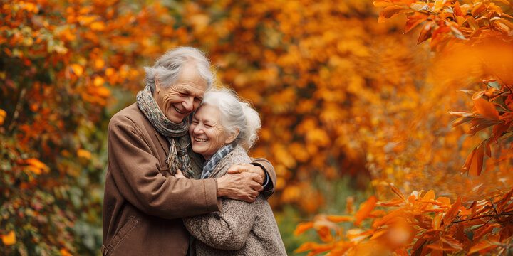 Elderly couple embracing and smiling amidst autumn foliage  
