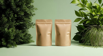 Two brown pouches displayed with plants on a light green background