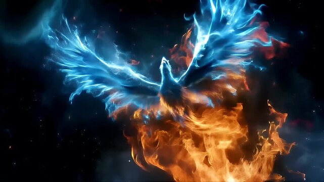 A vivid portrayal of a phoenix rising from the ashes, surrounded by flames and smoke. The phoenix is depicted in a dynamic pose, with its wings spread wide and its head turned to the side.