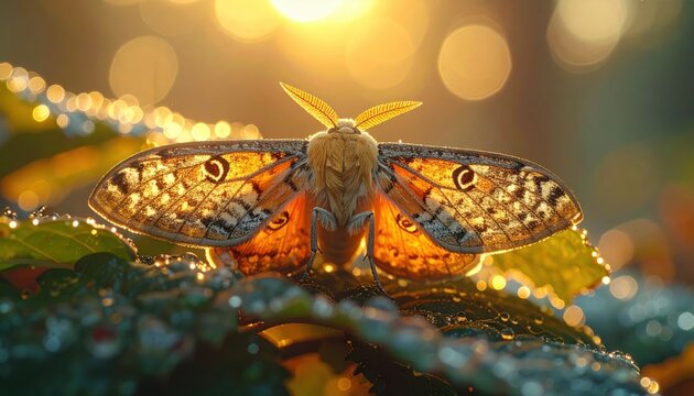 Detailed moth with patterned wings and feathery antennae rests on dew covered leaves Golden sunlight creates bokeh