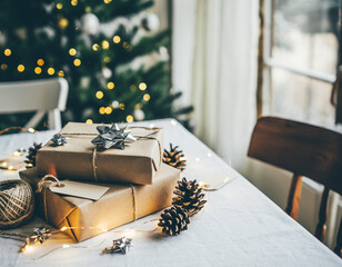 Christmas gifts in kraft paper with pinecones and fairy lights on festive table
