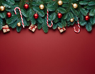Christmas fir garland with red gold baubles gift boxes and candy canes