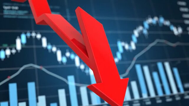 A large 3D red arrow points downward over a blurred financial chart backdrop
