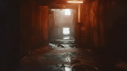 Mysterious abandoned industrial corridor with light breaking through dust and water on the floor, depicting decay and ruin - Powered by Adobe