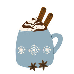 A cup of cocoa with whipped cream and cinnamon isolated on  white background. Winter  hot drinks design element