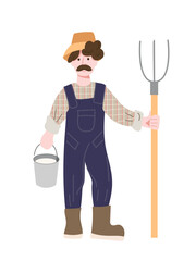 Illustration of a male farmer in a hat and overalls holding a pitchfork and a bucket of milk isolated on white background 