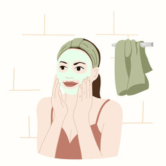 Illustration of a woman  happily applying a face mask with her hands in a clean, modern bathroom. Self-care and skincare rituals concept