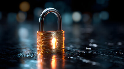 Phishing protection and fraud cybersecurity, A glowing security padlock displayed on a digital screen for cybersecurity themes.