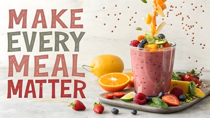 Vibrant smoothie bursting with fresh fruit and colorful elements