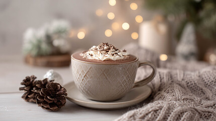 Fototapeta premium Aesthetic Hot Chocolate with Minimal Christmas Decor in Natural Light 