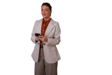 Businesswoman standing and holding a cellphone, connecting with people, looking ahead confidently, transparent background