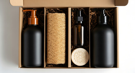 Cosmetic products inside a box with soap and loofah on white surface