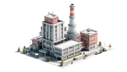 3D isometric view of a factory complex