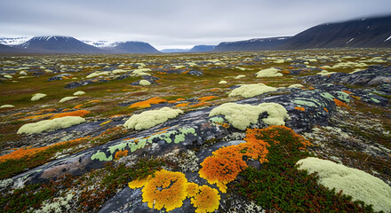 Arctic tundra landscape with colorful lichen covered rocks and distant snow capped mountains view ai generated
