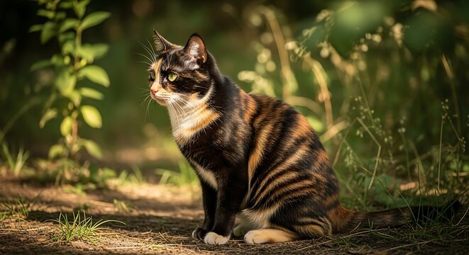 Elegant Calico Cat Posing Gracefully in a Sunny Garden Setting.
