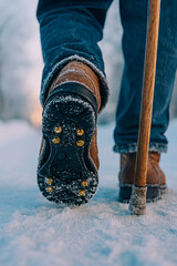 Senior man crossing winter path in snow wearing traction cleats