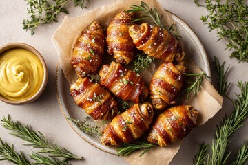 Pigs in blankets served on plate with creamy mayonnaise and sprigs of thyme. Concept of rustic presentation featuring mini sausages wrapped in pastry, perfect for gatherings.