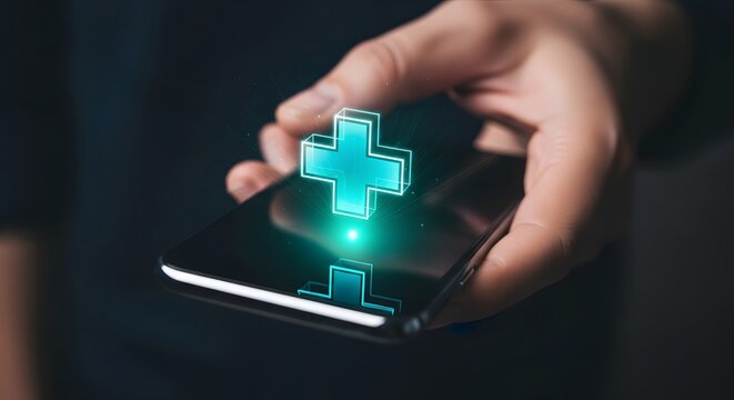 Hand holding smartphone displaying glowing medical cross symbol