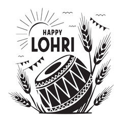 Joyful Lohri Greetings with Sun Rays Drum and Wheat Stalks