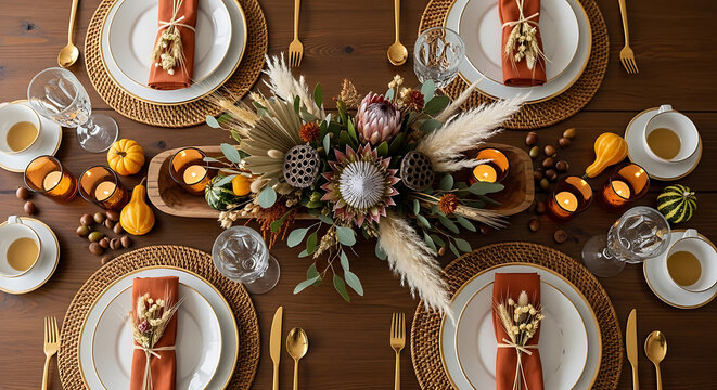 A beautifully decorated dining table set for a fall or Thanksgiving meal with elegant place settings and a stunning autumnal centerpiece.