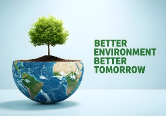 A tree growing from a half earth globe with better environment better tomorrow text on the side