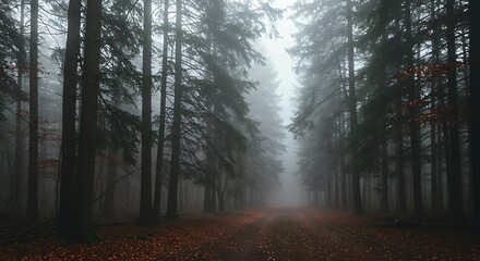 Misty Forest Path with Tall Pine Trees and Autumn Leaves.