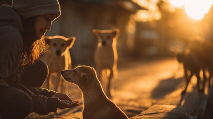 Volunteer feeding stray dogs during sunset in an outdoor setting